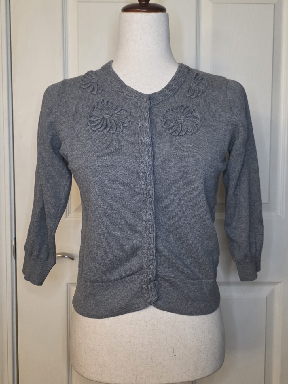 Carole Little Grey Floral Embroidered Button Down Cardigan